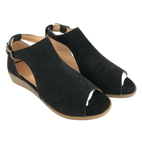 Womens Low Wedge Heel Shoes Faux Suede Peep Toe Buckle Black Size 36 US 5 - Picture 1 of 4